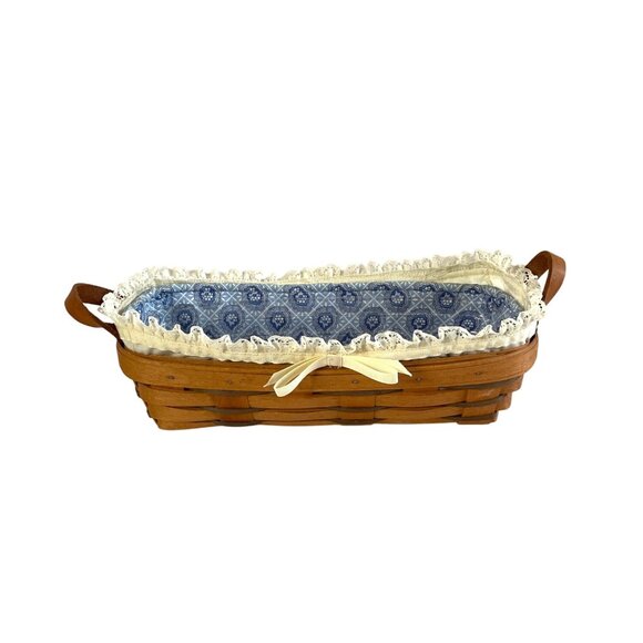 Longaberger Cracker Basket Blue & Cream Liners Plastic Protector Leather Handles - Picture 1 of 12